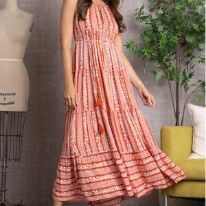 ❤️ TASSELED RED ORANGE DRAWSTRING HALTER NECK SHEERED MAXI DRESS